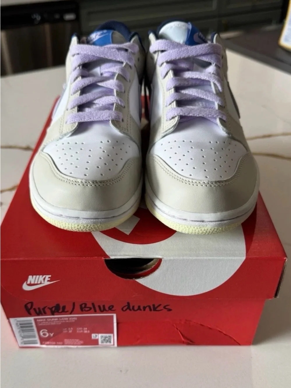 Nike Dunk Low, Tan/Purple/White, Size 6Y